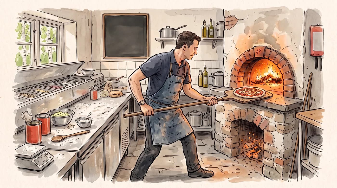 Målad bild av en pizzabagare som skjuter in en pizza i en stenugn.